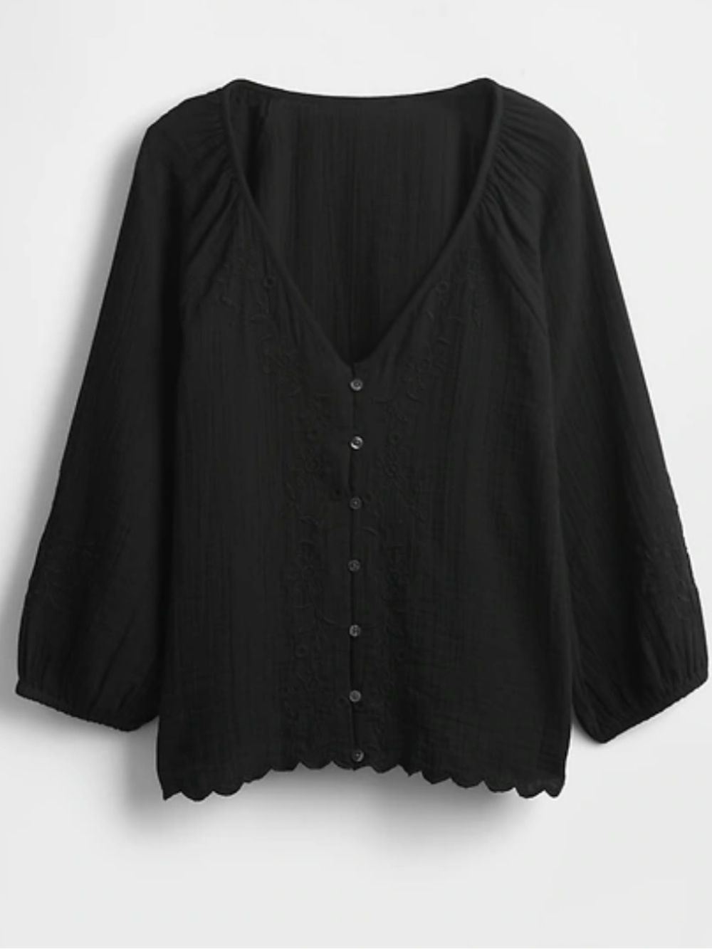 GAP NWOT Black Embroidered Gauzy Balloon Sleeve Scalloped Hem Peasant Blouse